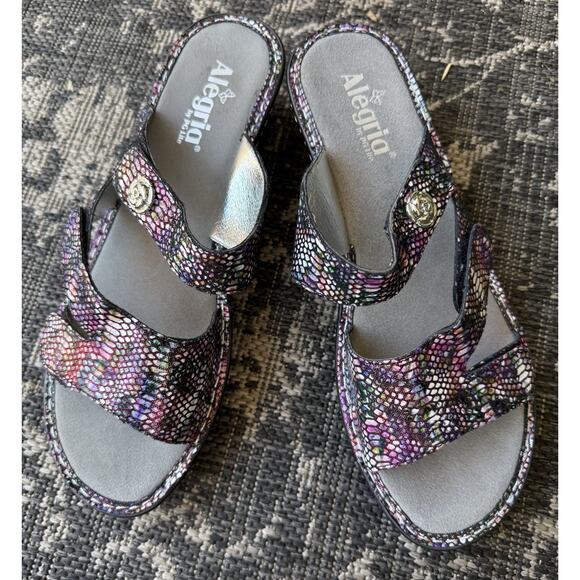 NEW Allegria Clog Sandal Size 42 Leather Purple Metallic Chrome Snake Print Boho - Picture 1 of 6